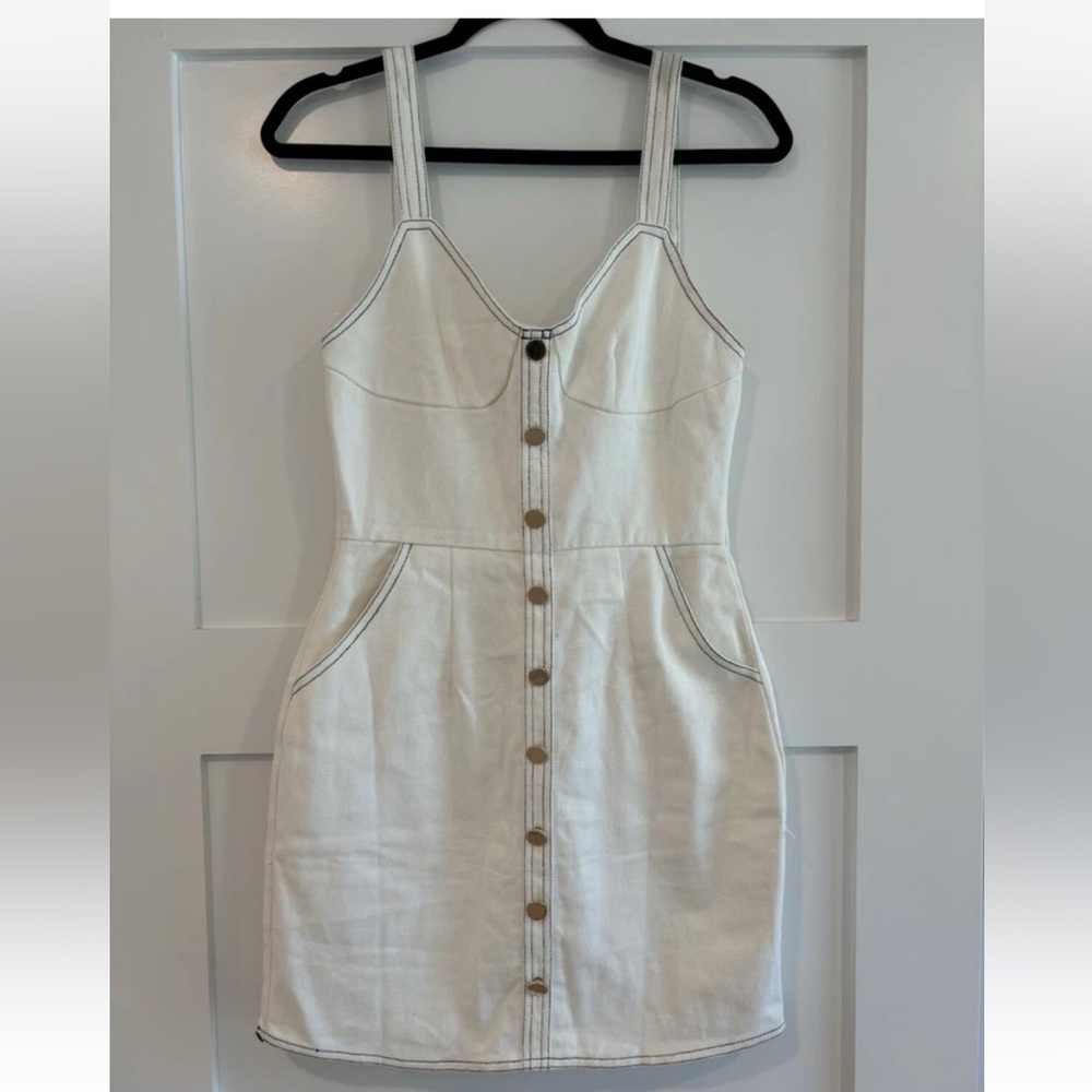 SABO skirt small denim white dress with adjustable strap and zipper back, fitted